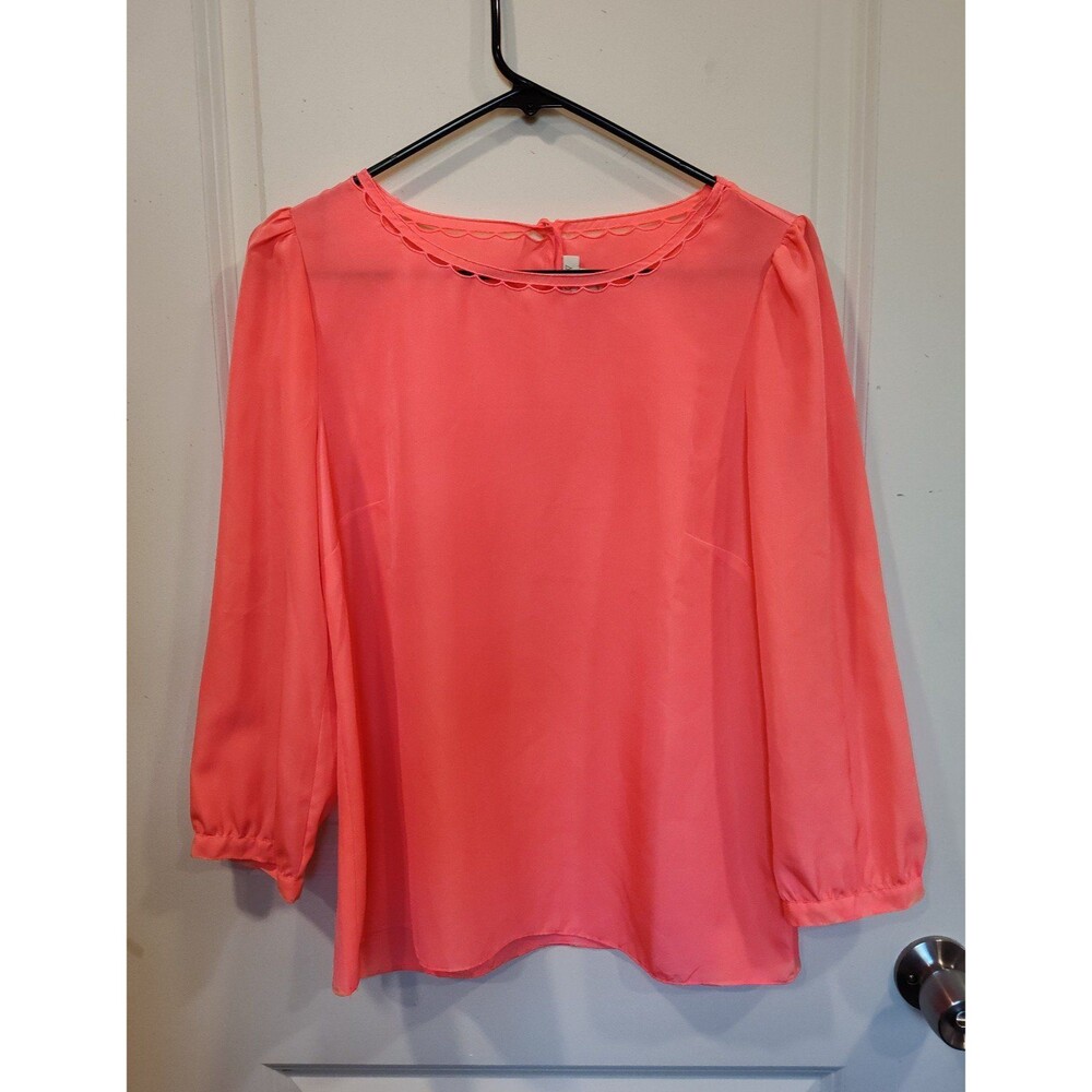 Women's J.Crew Round Neck Sheer 3/4 Sleeve Blouse Small Neon Orange